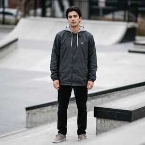 Vans Riley Hooded Jacket Black Nylon Coaches Windbreaker Snap Front Skater XL
